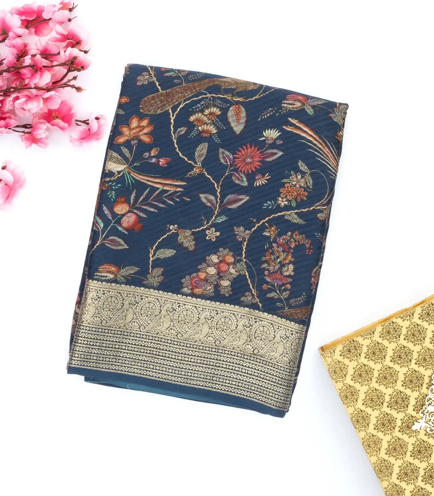 Navy Blue Printed Georgette Silk Saree With Bird Motifs