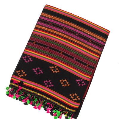 Black Handloom Bengal Cotton Saree With Multi Stripes