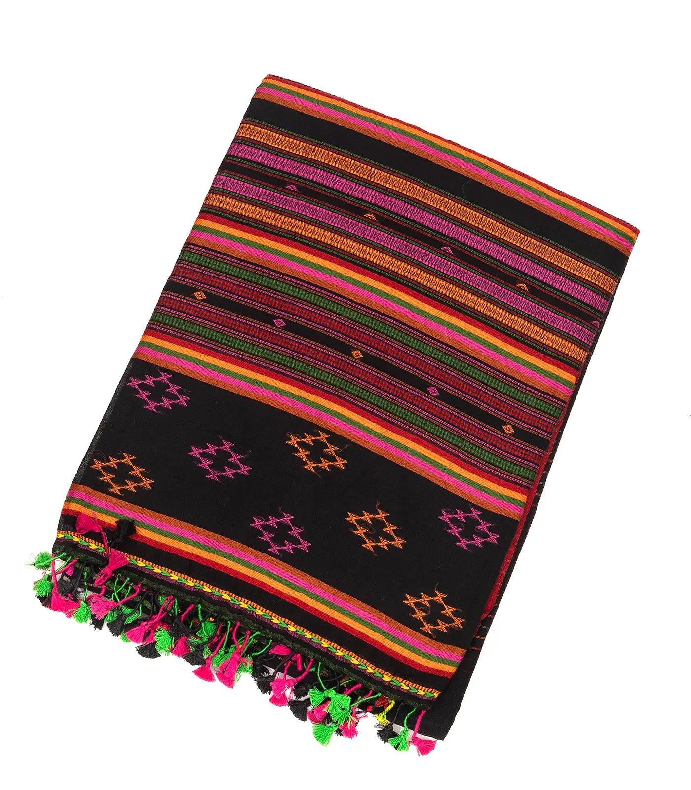 Black Handloom Bengal Cotton Saree With Multi Stripes