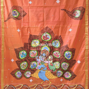 Orange Radha Krishna Peacock Design Pattachitra Saree
