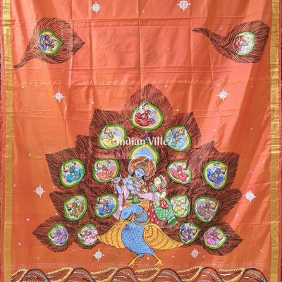 Orange Radha Krishna Peacock Design Pattachitra Saree