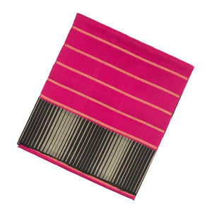 Hot Pink Handloom Kora Silk Saree With Beldari Stripes & Black Border