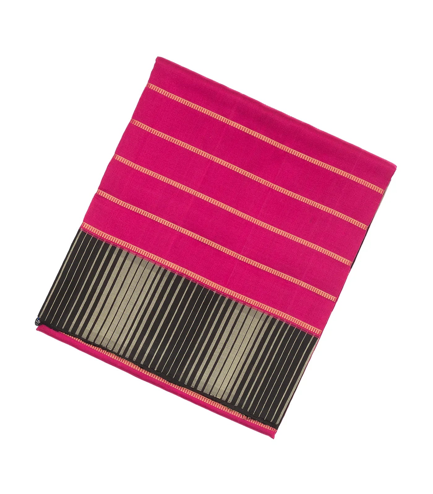 Hot Pink Handloom Kora Silk Saree With Beldari Stripes & Black Border
