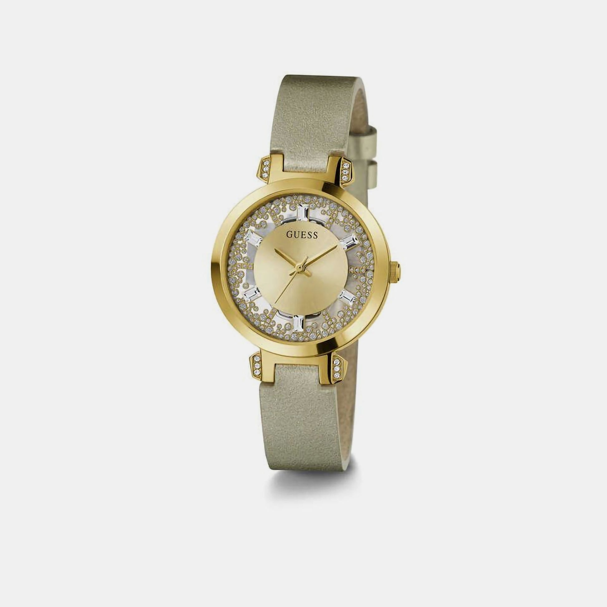 Crystal Clear Women Quartz Champagne Dial Analog Leather Watch GW0535L4