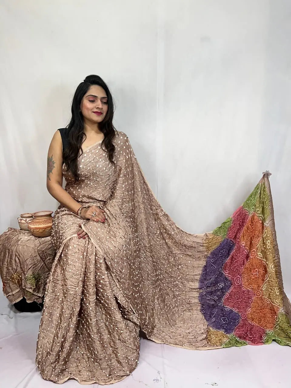 Pure Modal Silk Barik Bandhej Lagdi Pallu Bandhani Saree