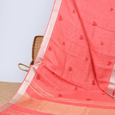 Red heart motifs linen saree with self zari border & striped zari pallu
