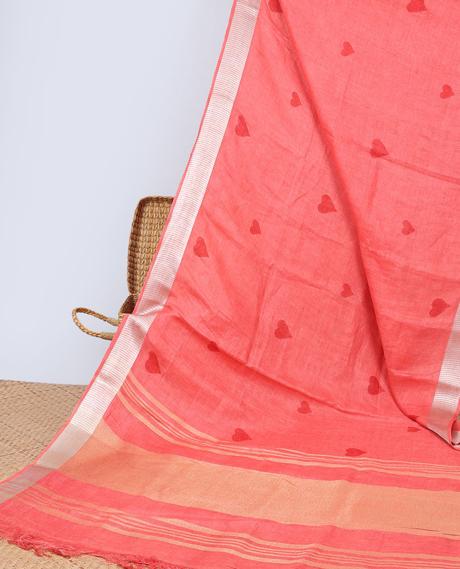 Red heart motifs linen saree with self zari border & striped zari pallu
