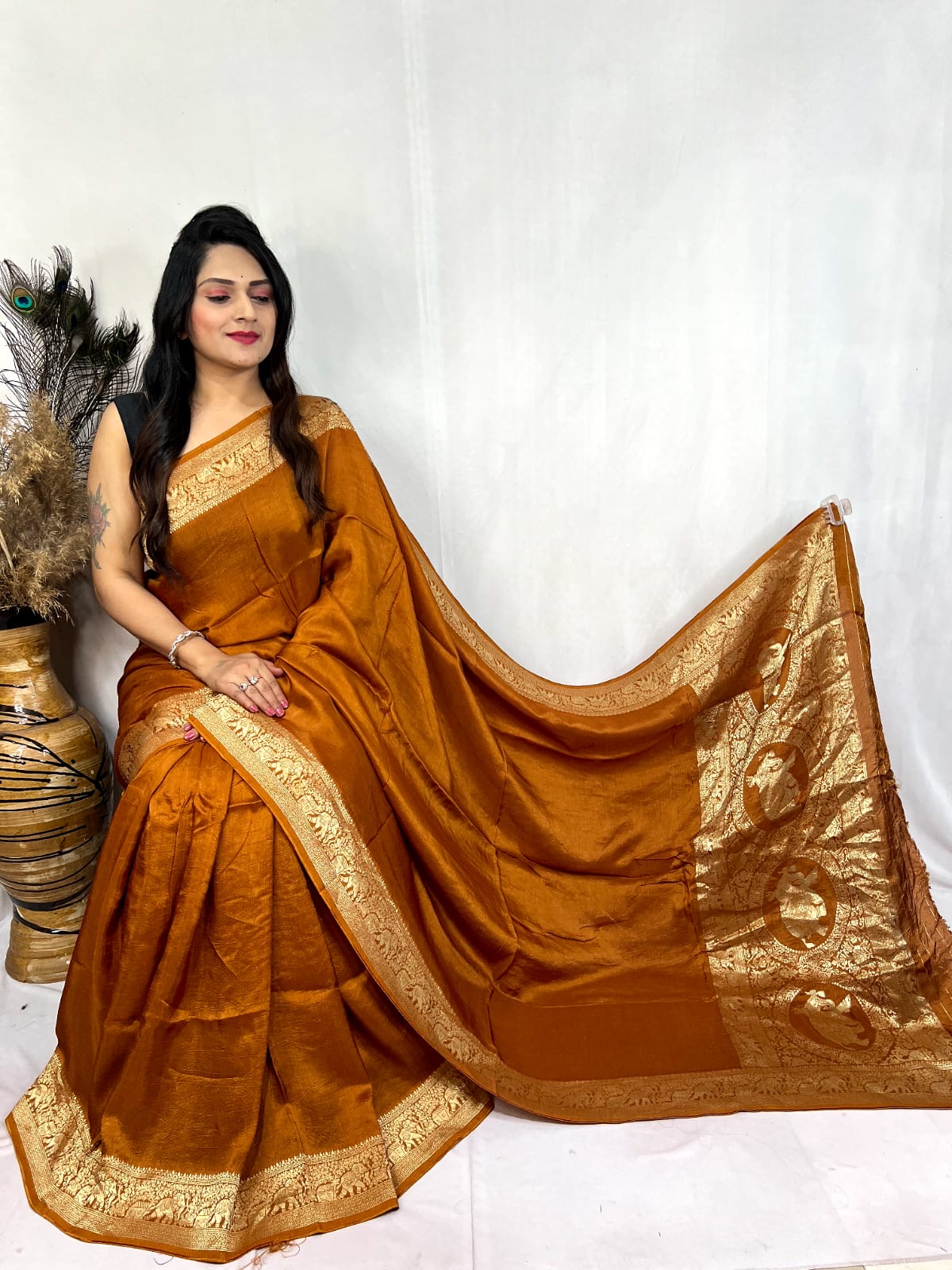 Dola Silk Golden Zari Border Saree
