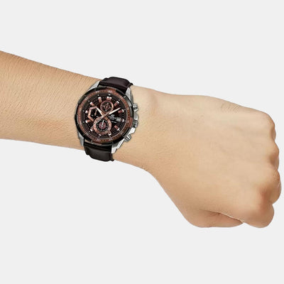 Edifice Men Quartz Black Dial Chronograph Leather Watch EX194