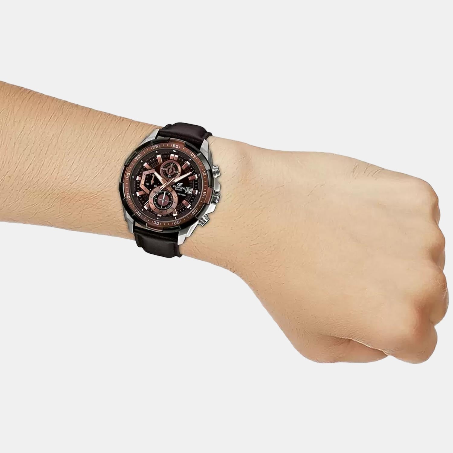 Edifice Men Quartz Black Dial Chronograph Leather Watch EX194