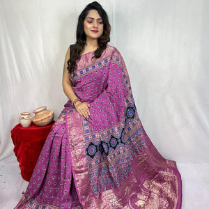Dola Silk Original Handblocked  Ajrakh work Saree