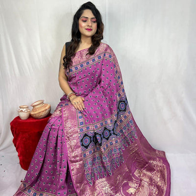 Dola Silk Original Handblocked  Ajrakh work Saree
