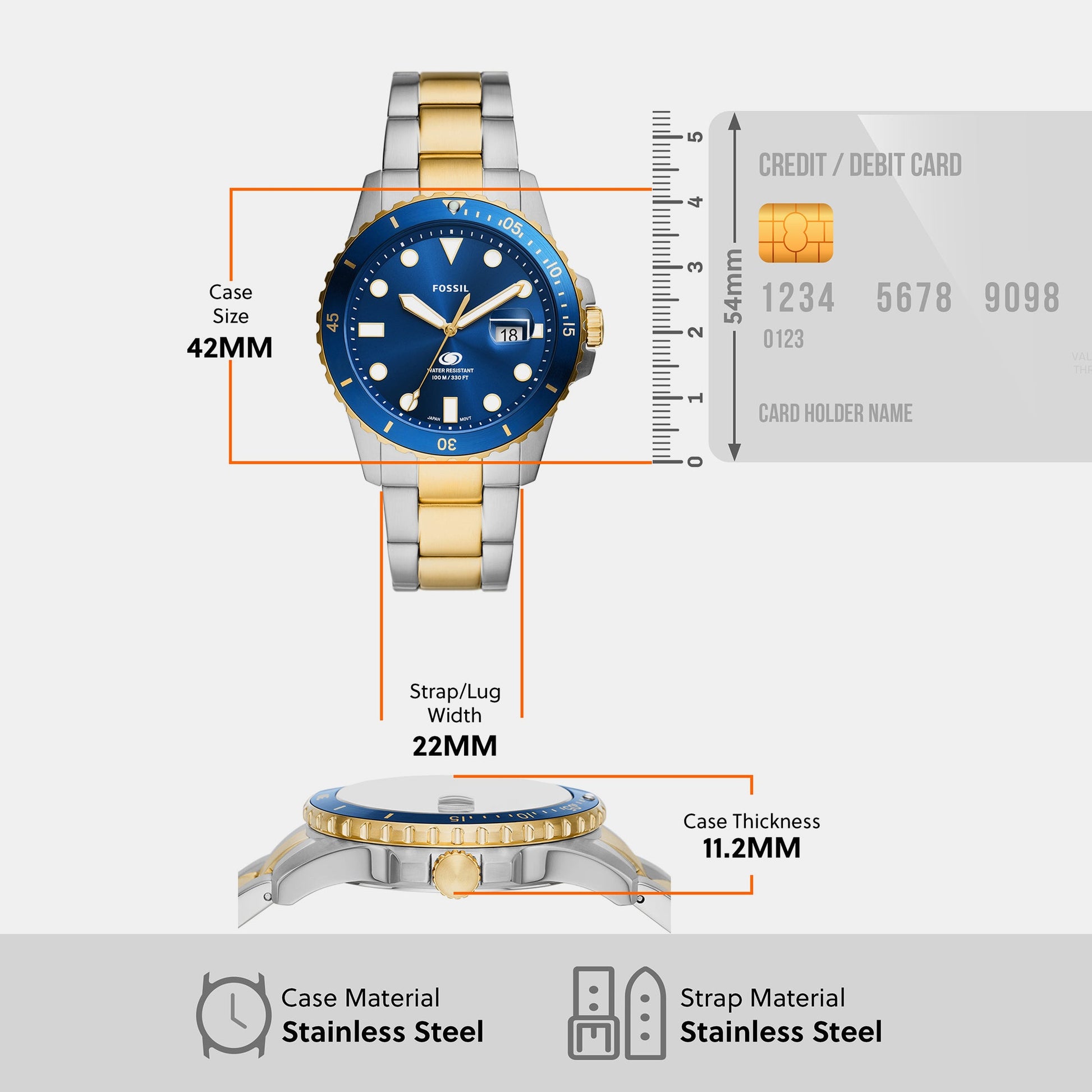Fossil Blue Dive Men Quartz Blue Dial Analog Stainless Steel Watch FS6034