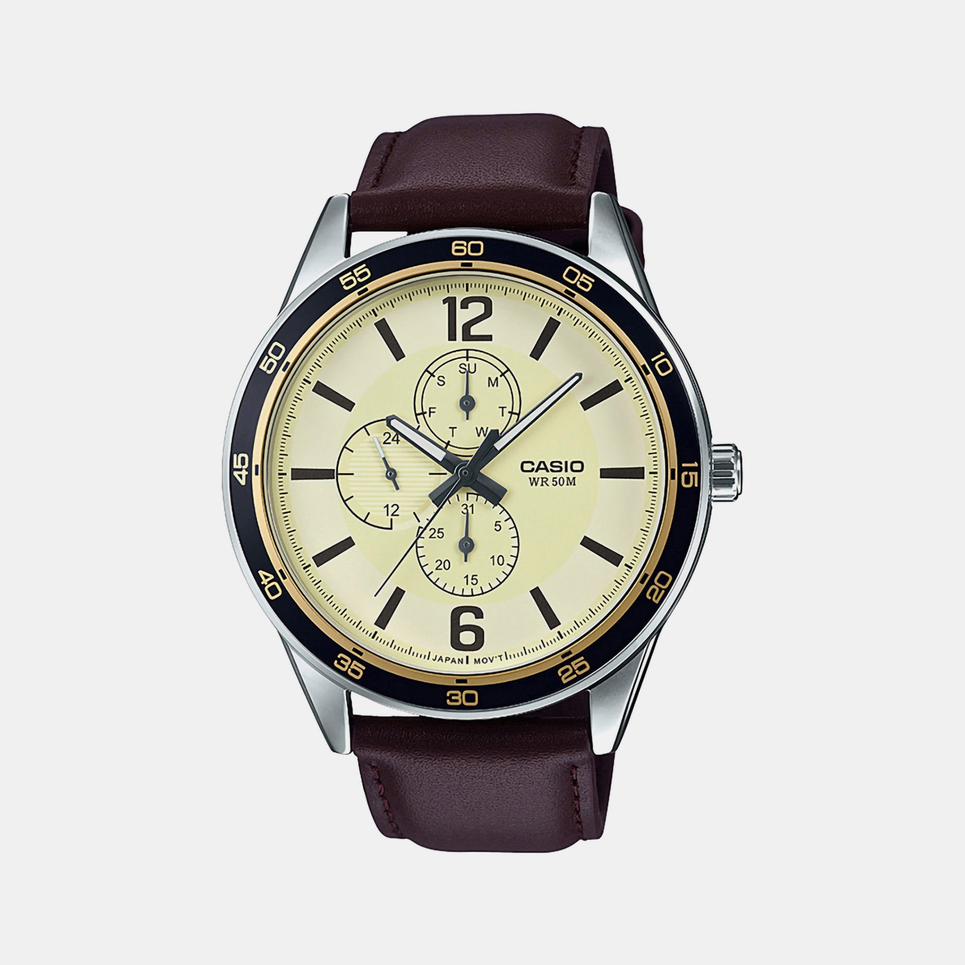 Enticer Men Quartz Gold Dial Chronograph Leather Watch A1533