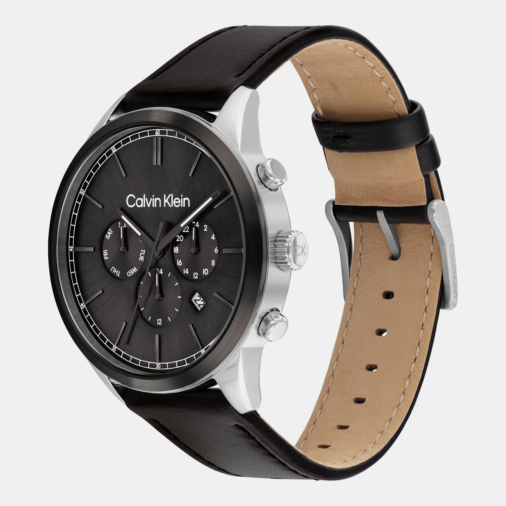 Ck Infinite Men Quartz Grey Dial Chronograph Leather Watch 25200379