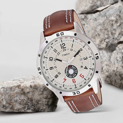 Fashion Men Quartz Silver Dial Analog Leather Watch TI000U90000