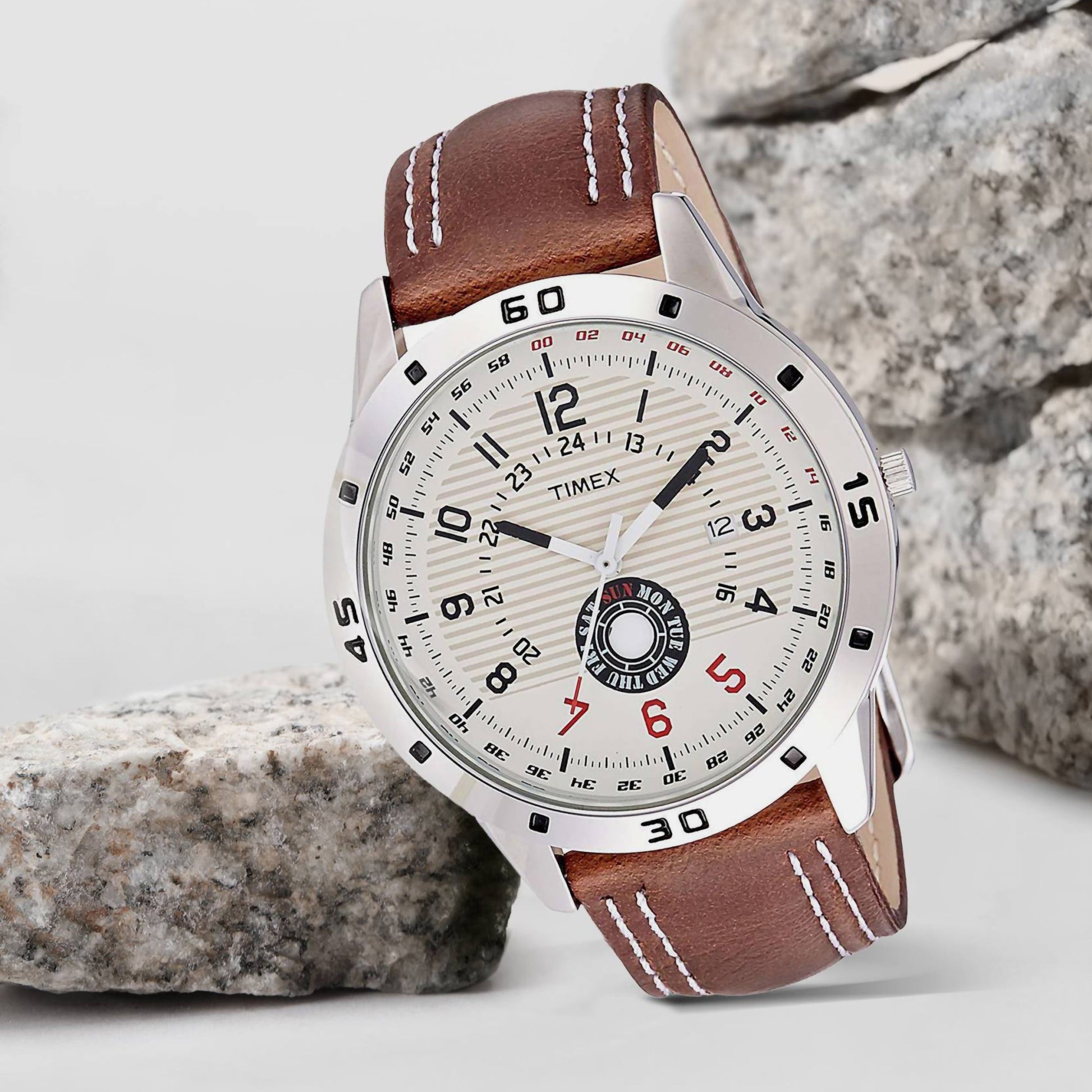 Fashion Men Quartz Silver Dial Analog Leather Watch TI000U90000