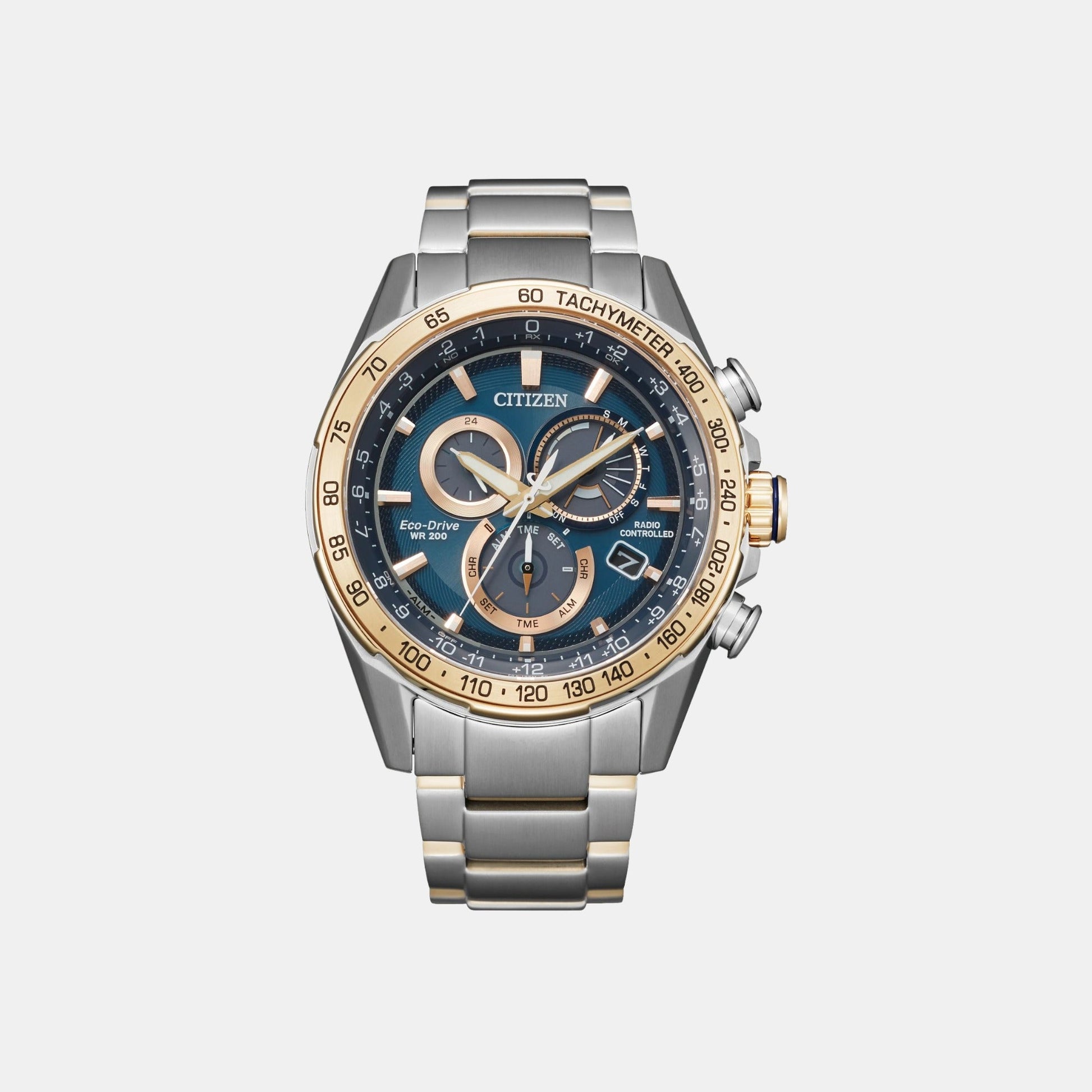 Eco-Drive Men Quartz Two Tone Dial Chronograph Stainless Steel Watch CB5916-59L