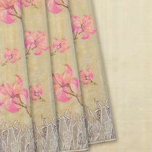Cream Handloom Kanchipuram Tissue Silk Saree With Floral Motifs-Cream