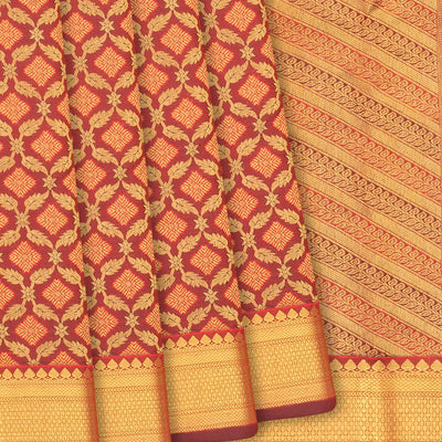 Maroon Handloom Kanchipuram Silk Saree With Floral Jaal Motifs-Maroon