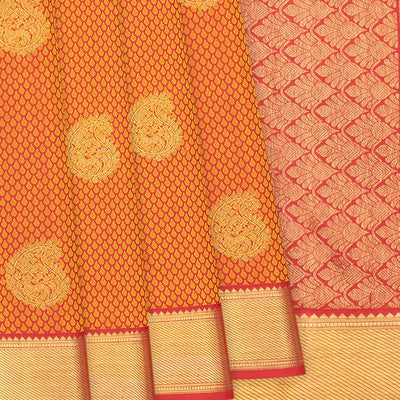 Red Handloom Kanchipuram Silk Saree With Mango Zari Buttas-Red