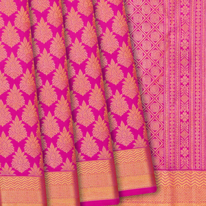 Hot Pink Handloom Kanchipuram Silk Saree With Floral Zari Motifs -Hot Pink