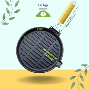 Trilonium Cast Iron round 24 cm Grill Pan with Foldable Handle | Pre-Seasoned | Black