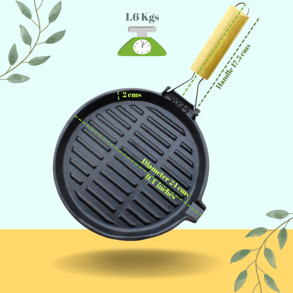 Trilonium Cast Iron round 24 cm Grill Pan with Foldable Handle | Pre-Seasoned | Black