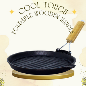 Trilonium Cast Iron round 24 cm Grill Pan with Foldable Handle | Pre-Seasoned | Black