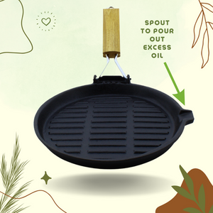 Trilonium Cast Iron round 24 cm Grill Pan with Foldable Handle | Pre-Seasoned | Black
