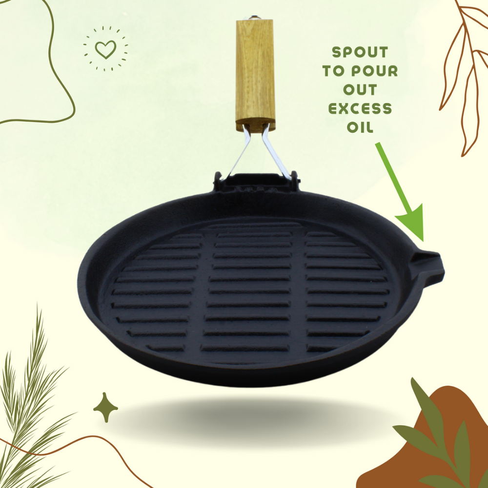 Trilonium Cast Iron round 24 cm Grill Pan with Foldable Handle | Pre-Seasoned | Black