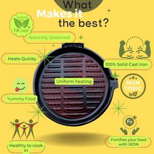 Trilonium Cast Iron round 24 cm Grill Pan with Foldable Handle | Pre-Seasoned | Black