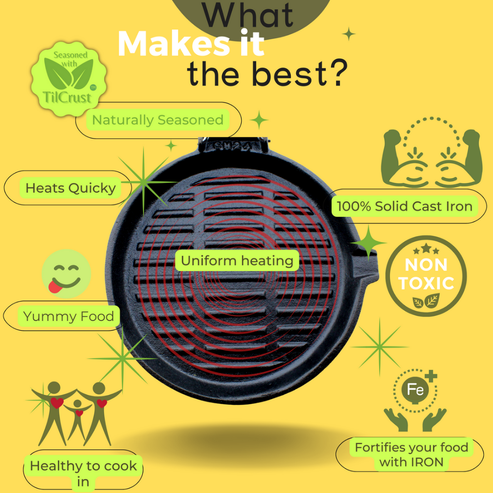 Trilonium Cast Iron round 24 cm Grill Pan with Foldable Handle | Pre-Seasoned | Black
