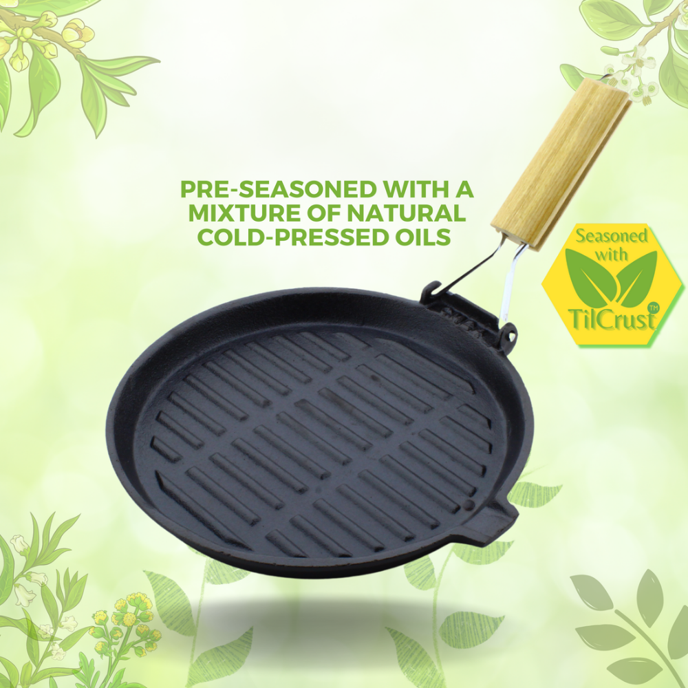 Trilonium Cast Iron round 24 cm Grill Pan with Foldable Handle | Pre-Seasoned | Black
