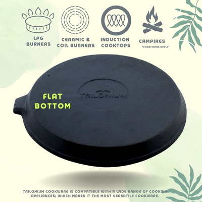 Trilonium Cast Iron round 24 cm Grill Pan with Foldable Handle | Pre-Seasoned | Black