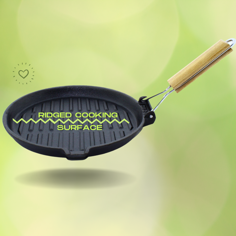 Trilonium Cast Iron round 24 cm Grill Pan with Foldable Handle | Pre-Seasoned | Black