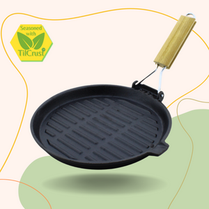 Trilonium Cast Iron round 24 cm Grill Pan with Foldable Handle | Pre-Seasoned | Black