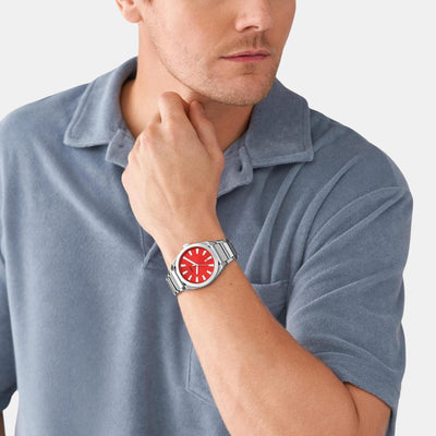 Everett Men Quartz Red Dial Analog Stainless Steel Watch FS5984