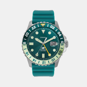 Fossil Blue Gmt Men Quartz Green Dial Analog Silicone Watch FS5992