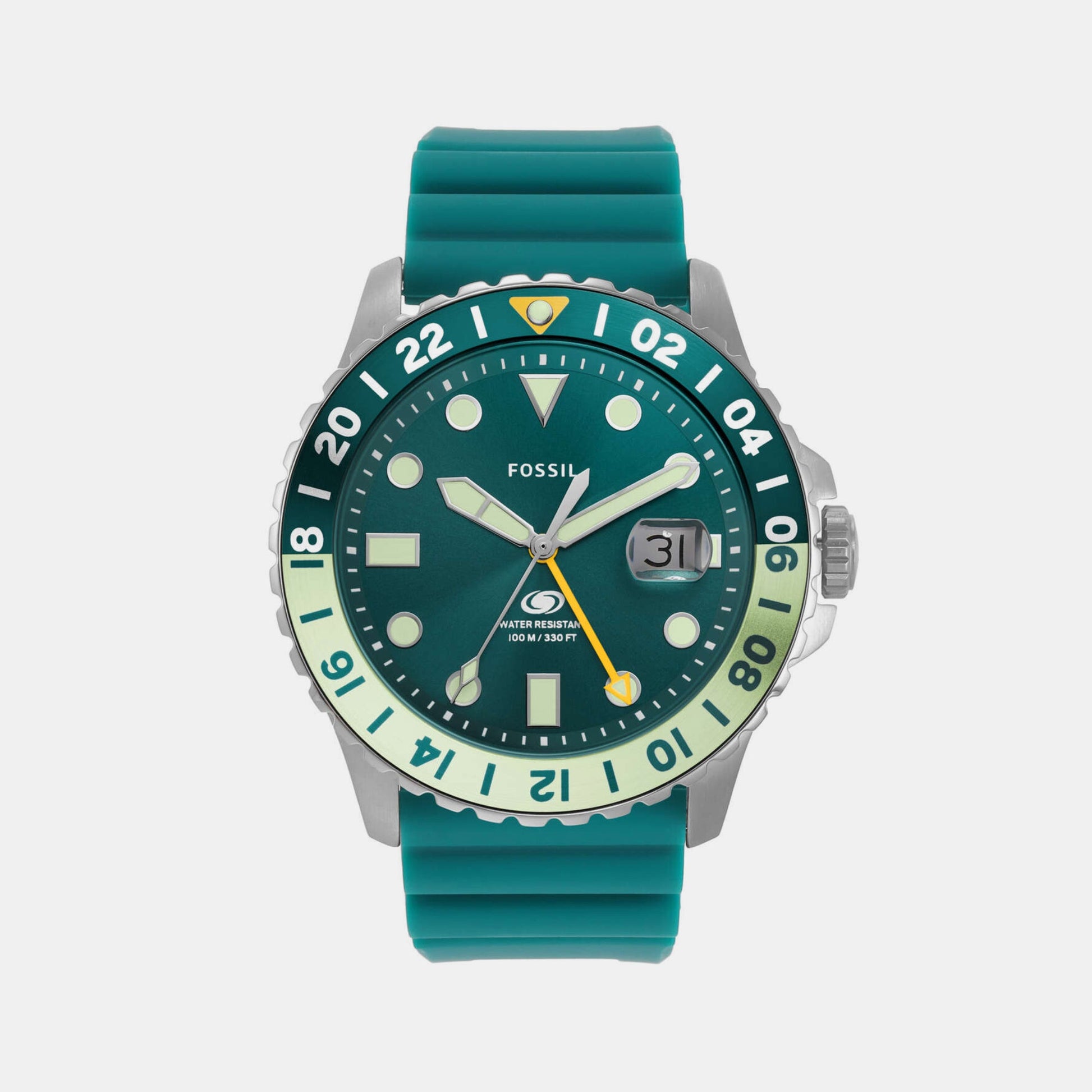 Fossil Blue Gmt Men Quartz Green Dial Analog Silicone Watch FS5992