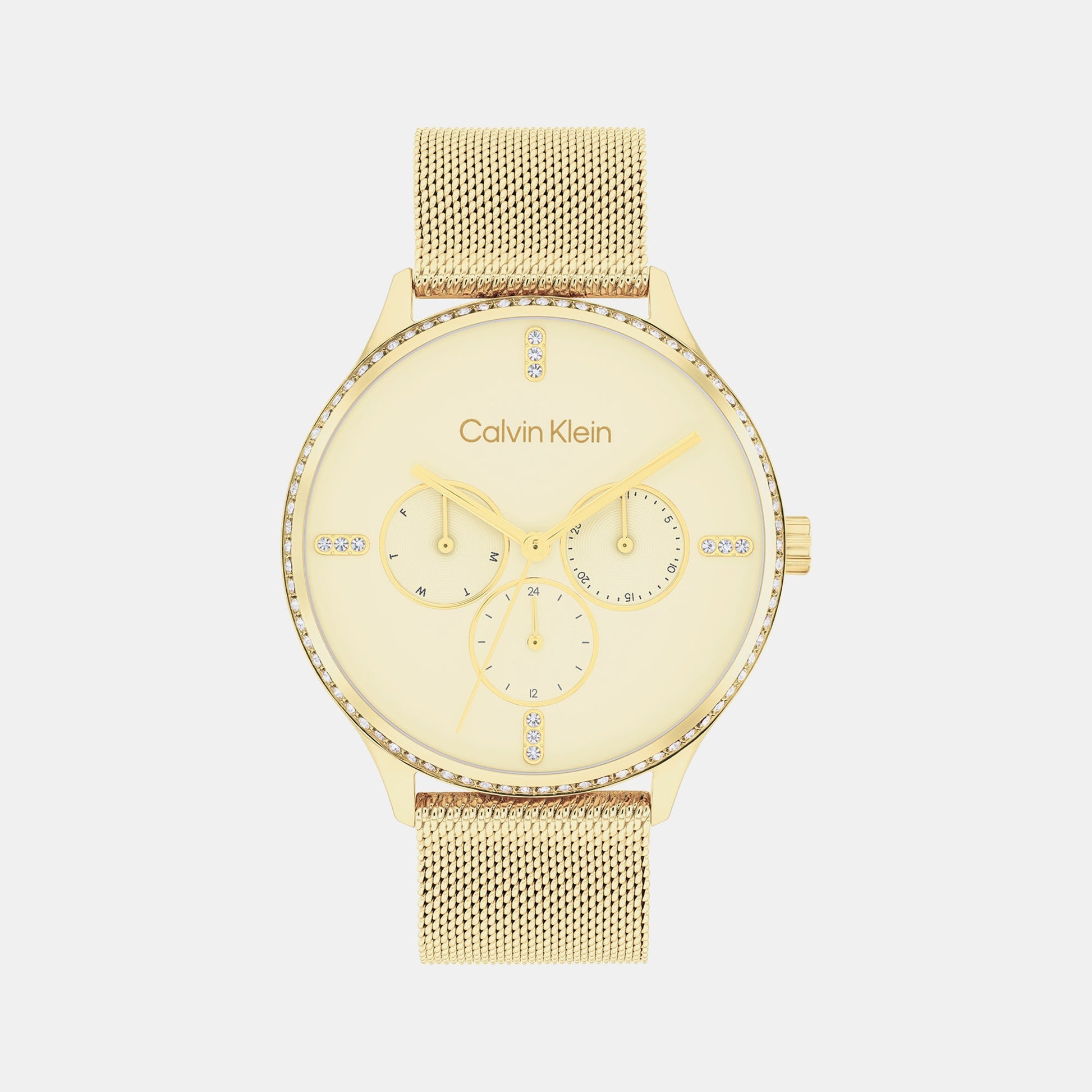 Ck Dress Women Quartz Gold Dial Multi-Function Mesh Watch 25200372