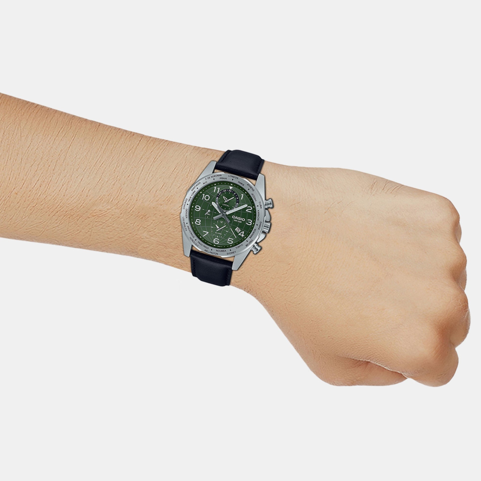 Enticer Men Quartz Green Dial Chronograph Leather Watch A2151