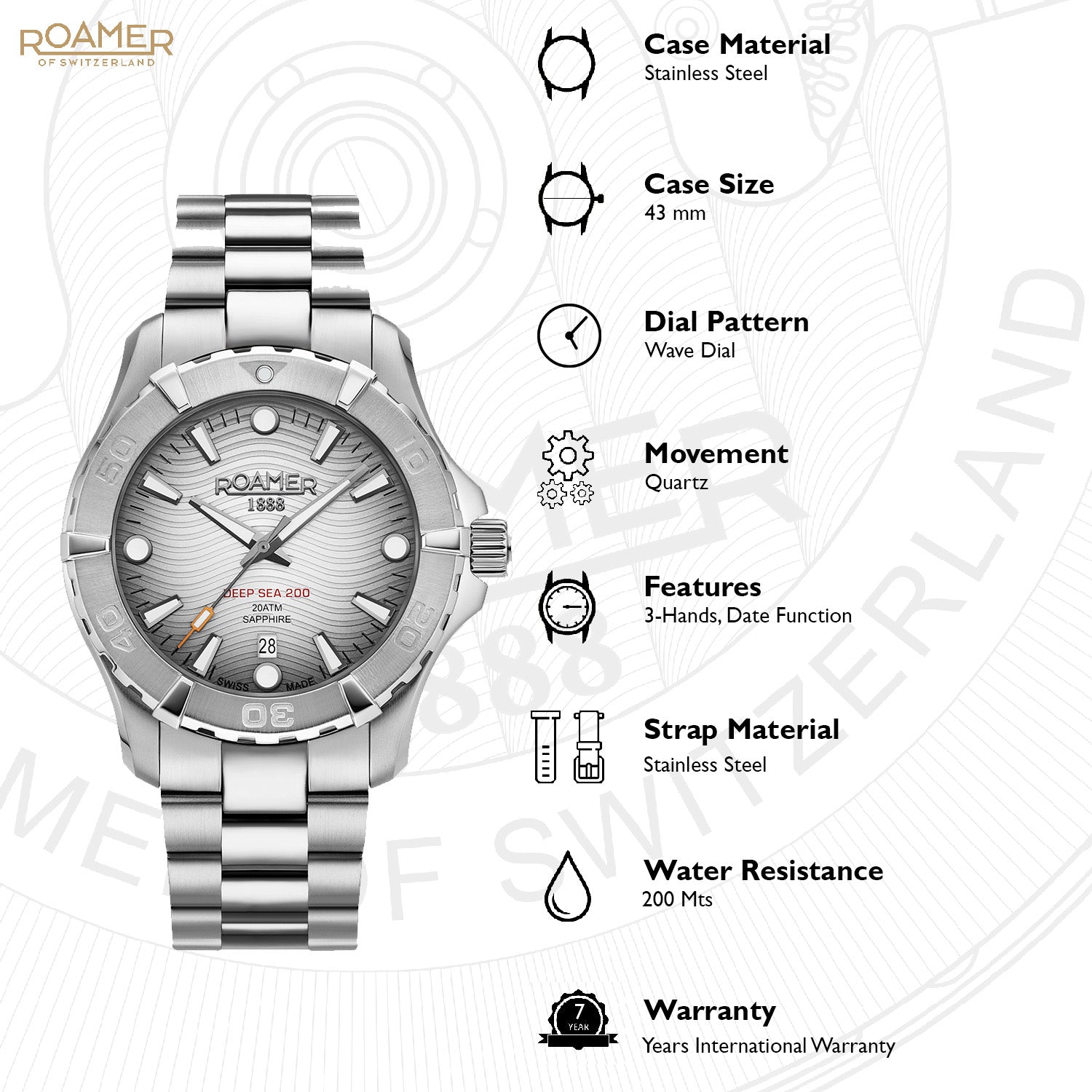 Deep Sea 200 Men Quartz Silver Dial Analog Stainless Steel Watch 860833 41 15 70