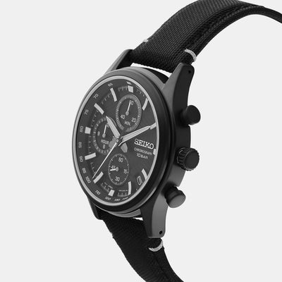 Dress Men Quartz Black Dial Chronograph Leather Watch SSB421P1