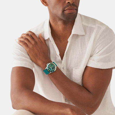 Fossil Blue Gmt Men Quartz Green Dial Analog Silicone Watch FS5992