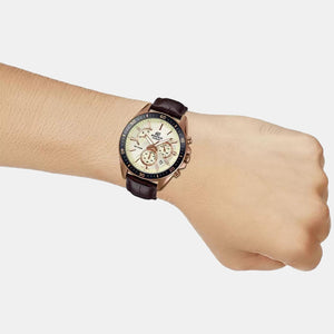 Edifice Men Quartz Rose Gold Dial Chronograph Leather Watch EX359