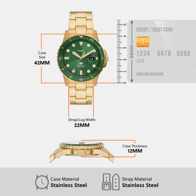 Fossil Blue Dive Men Quartz Green Dial Analog Stainless Steel Watch FS5950