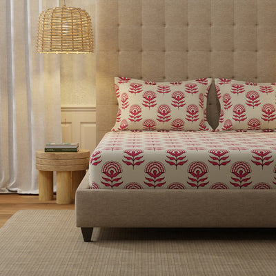 Serene 200 TC 100% Cotton Single Bedsheet with Pillow Covers - Florabell Cherry Red
