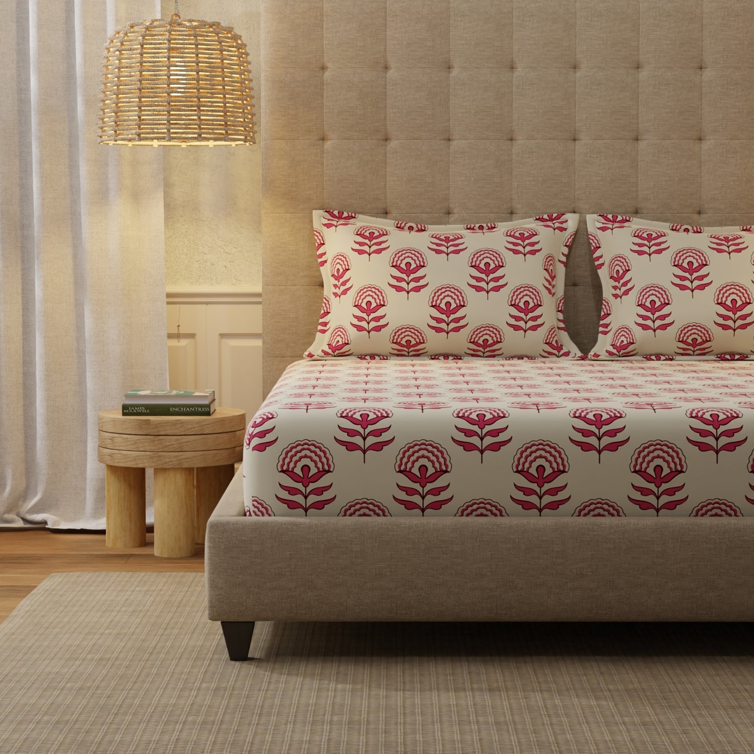Serene 200 TC 100% Cotton Bedsheet with Pillow Covers - Florabell Cherry Red