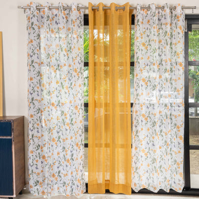Sheer Curtains Combo, Set of 3 curtains, 35-40% Room Darkening Decorative Curtains - Floral Yellow & Yellow